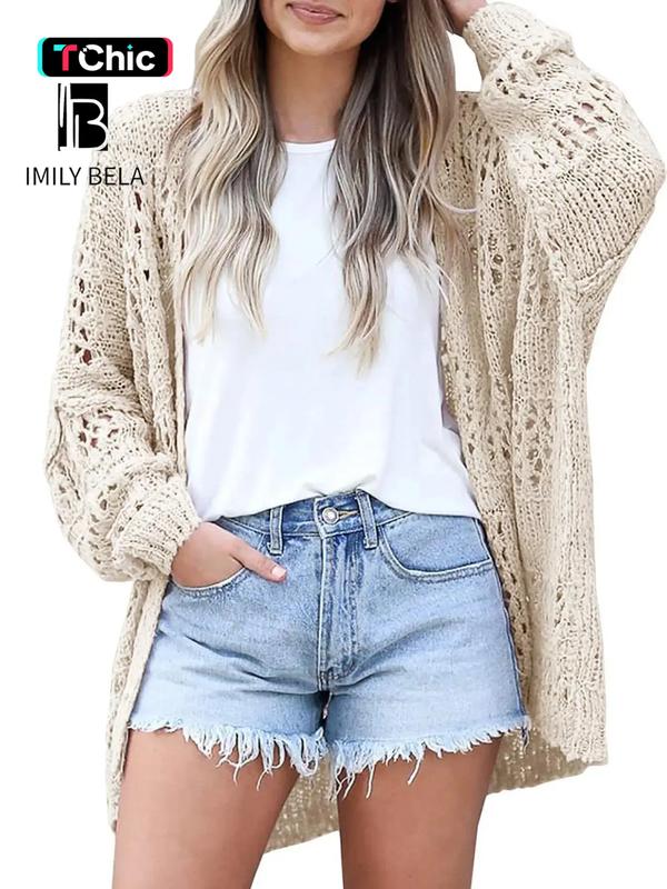 Women's Hollow Out Open Front Cardigan Sweater, Casual Loose Long Sleeve Knit Cardigans Knitwear for Daily Wear, Autumn Fashion Outerwear, Ladies Clothes