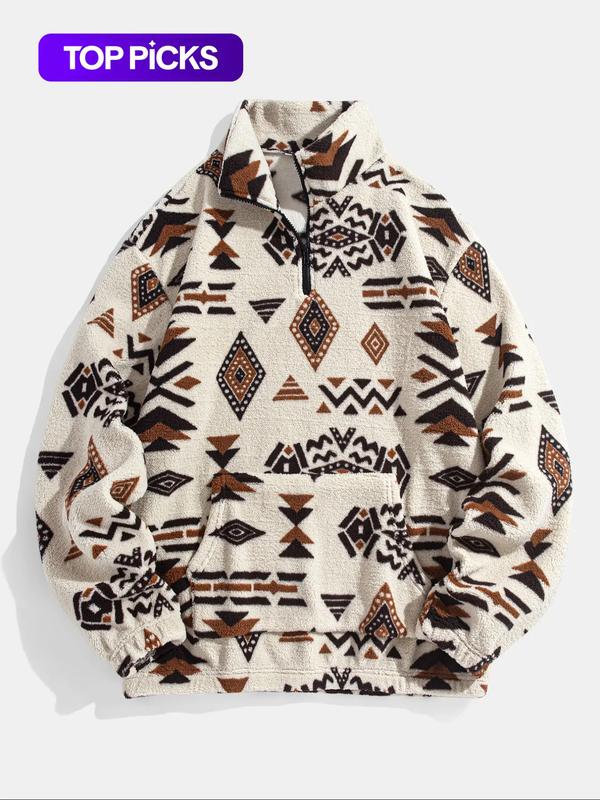 Men's Ethnic Pattern Zip Up Plush Loose Sweatshirt, Casual Long Sleeve Pocket Collared Pullover for Winter, Fashion Men's Clothes for Daily Wear, Tops