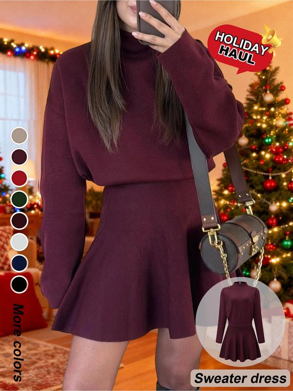 Women's Casual Basic Everyday Mock Neck Sweater Dress, Casual Wear Fall/Winter Long Sleeve Solid Relaxed Fit Knit Dress
