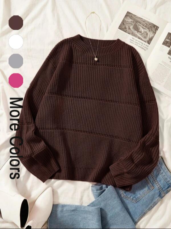 Women's Minimalist Plain Textured Round Neck Sweater, Comfy Clothes for Women, Casual Basic Comfort Drop Shoulder Long Sleeve Jumper for Fall, Ladies Knitwear for Daily Wear, Womenswear, Knit Pullover Tops