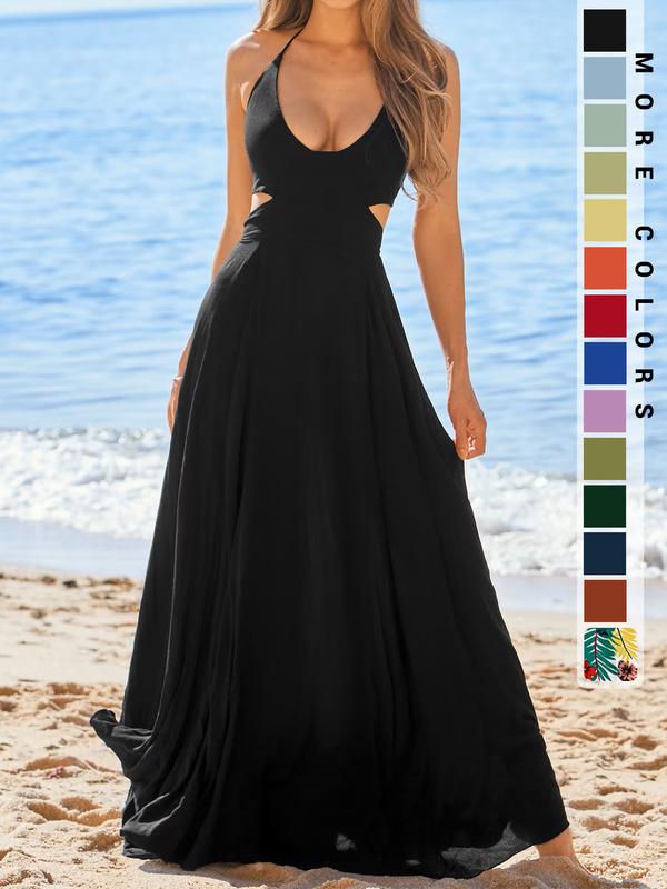 Women's Plain Cut Out Backless Halter Dress, Boho Bohemian Sleeveless Tie Back A Line Maxi Dress for Beach Holiday Vacation, Ladies Clothes for All Seasons