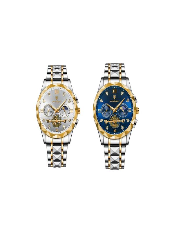 Men's Business Fashion Round Dial Stainless Steel Strap Quartz Watch,  Waterproof Luminous Chronograph Watch with Box, Wristwatch for Party, Daily Decor, Trendy Watch