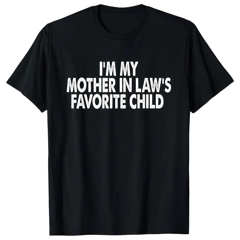 Women's Organic Cotton Graphic Short-Sleeve Crew Neck Top - "I'm My Mother-In-Law's Favorite Child" Funny Casual Wear, Helmet-Inspired Design Element tiktokshopspringglowup,summervibes outdoorfun