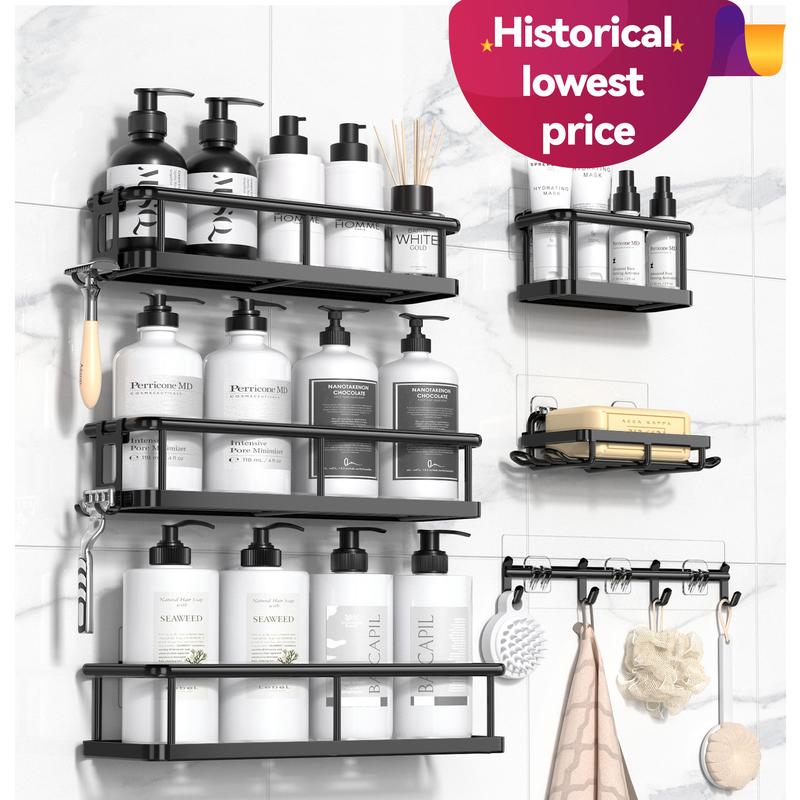 YASONIC  Shower Caddy, 2/5/6 Pack Black bathroom accessories, wall organizer, No Drill Bathroom Shower Organizers With Removable Hooks, Rust Proof Shower Shelves For Inside Shower, free wall mountshower organizer