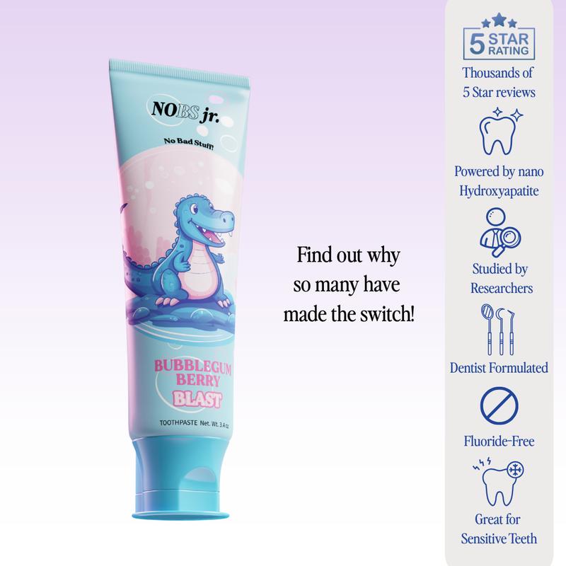 NOBS Jr Kid's Toothpaste – Fluoride Free, Remineralizing - Dentist Formulated - Natural Bubblegum Berry Flavor, Nano Hydroxyapatite - Made in The USA