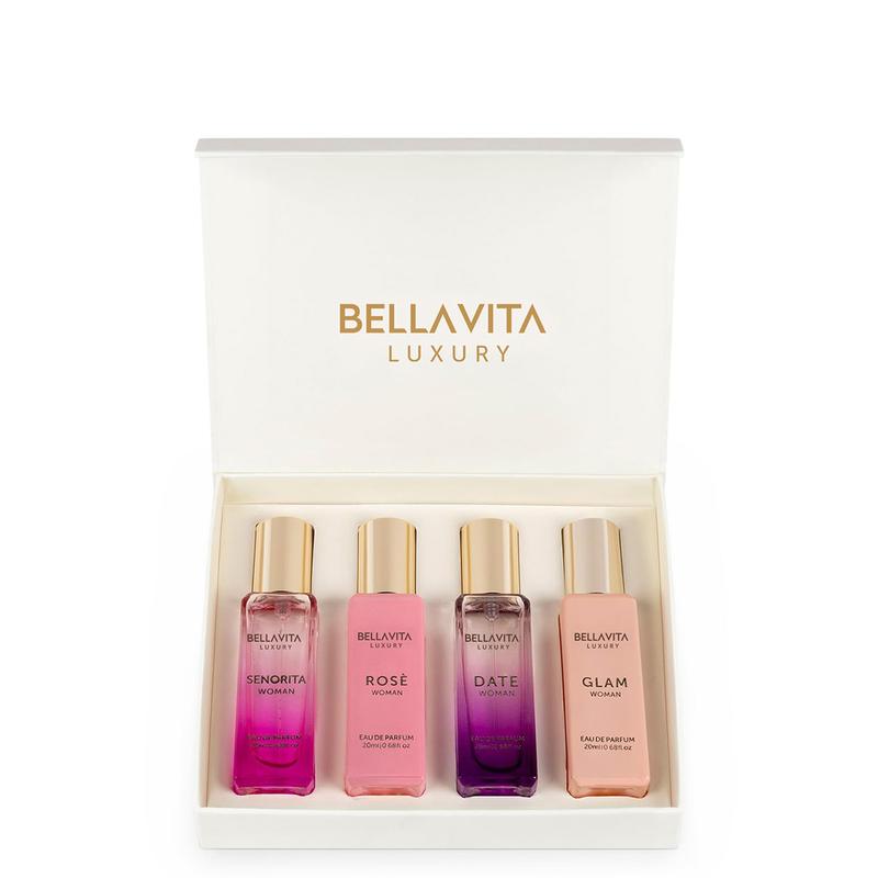 BellaVita Luxury's Perfume Gift Set For Women | 4 Luxury Minis | Long Lasting | Senorita, Rose, Date, Glam | Eau De Parfum | Portable Perfume Kit | Super Brand Day Exclusive