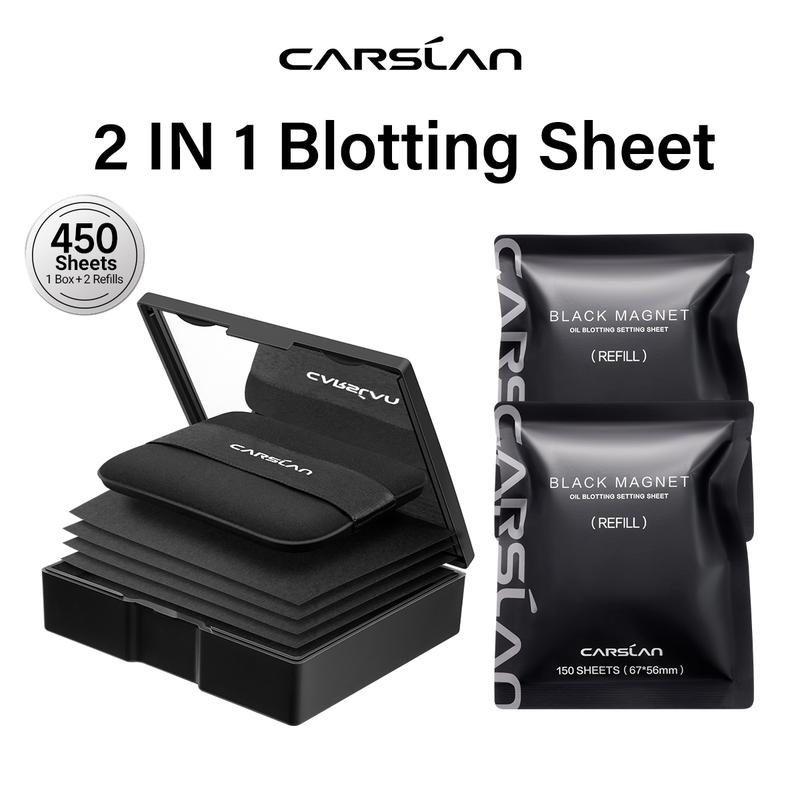 CARSLAN Black Magnet Oil Blotting Setting Sheet With Powder More Control Oil Keep Fresh 2 IN 1 Blotting Sheet with Mirror Puff & Recyclable Case, 450 Sheets 1 Box 2 Refills, Oil Sucker Blotting Paper, For Touch Up