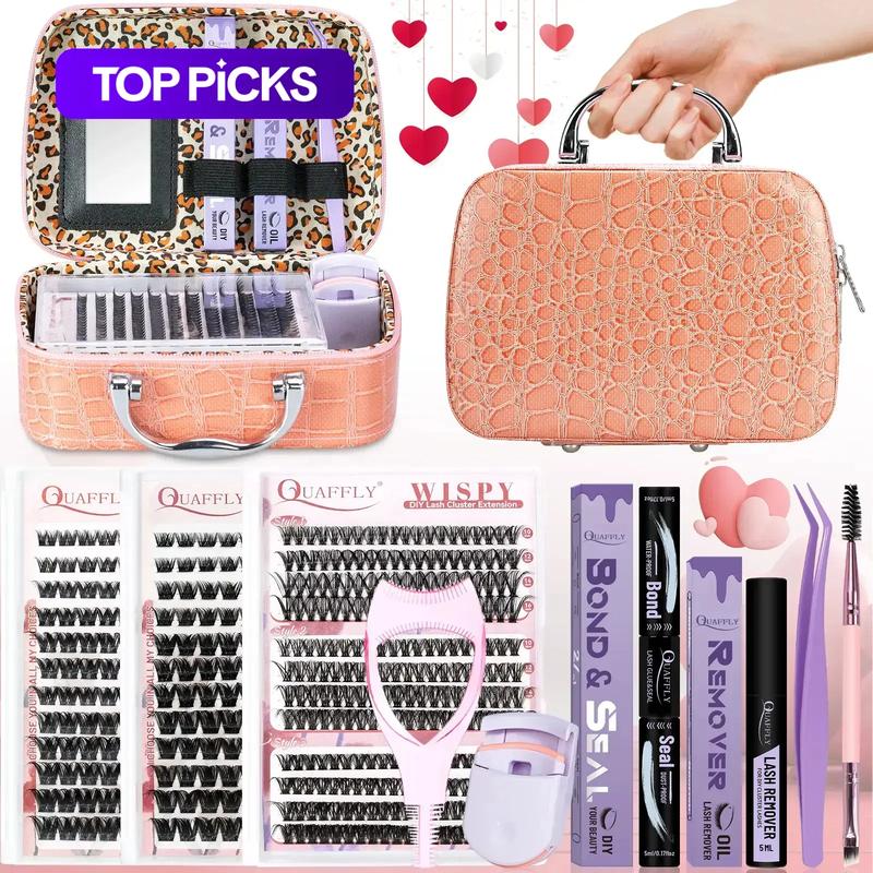 Mixed Styles Eyelash Extension Kit, 1 Set Natural Curling Fake Eyelashes with Eyelash Curler & Accessories, Including Eyelash Bond Glue, Lash Clusters, DIY Lash Kit & Eyelash Separator Tool, False Eyelash Extensions Wispy Volume Set, Makeup Tool Kit