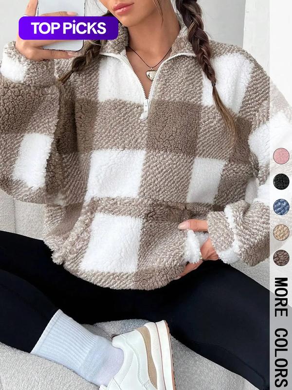 Women's Plaid Half Zip Drop Shoulder Fleece Sweatshirt, Casual Style Long Sleeve Collar Pullover for Spring & Fall, Ladies Clothes for Daily Wear, Womenswear, Tops