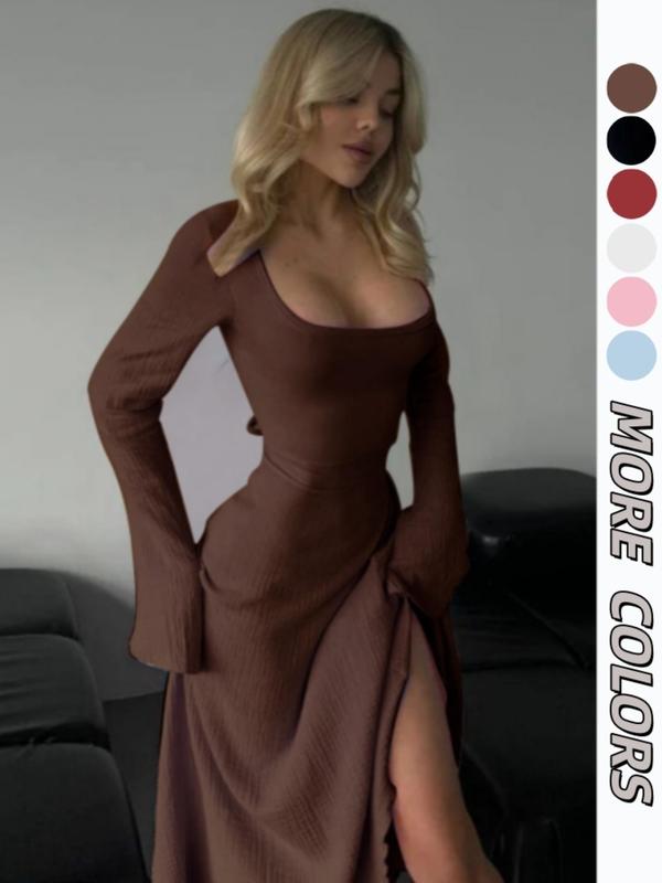 Women's Plain Lace Up Tie Back Flounce Sleeve Dress, 1 Count Chic Elegant Square Neck Long Sleeve A Line Dress for Formal Party Holiday Wedding Guest, Ladies Spring&Fall Clothes