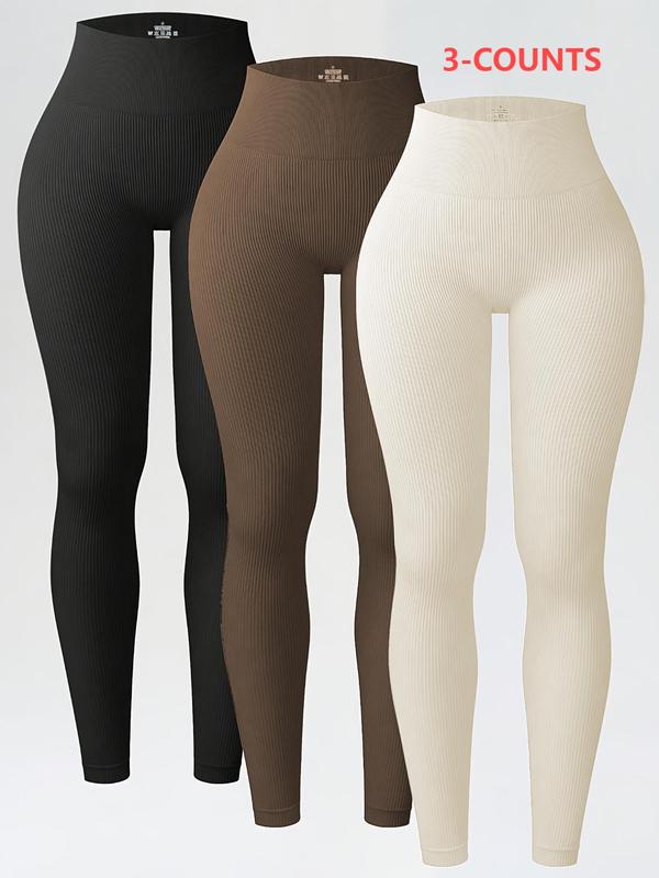 Women's Solid High Waist Leggings, Athleisure Fitness Leggings, Stretchy Workout Leggings, Sporty Comfy Breathable Ribbed Skinny Pants for Yoga Gym Workout, Ladies Sportswear for All Seasons, High Waisted Leggings, Activewear Bottoms, High Rise Leggings