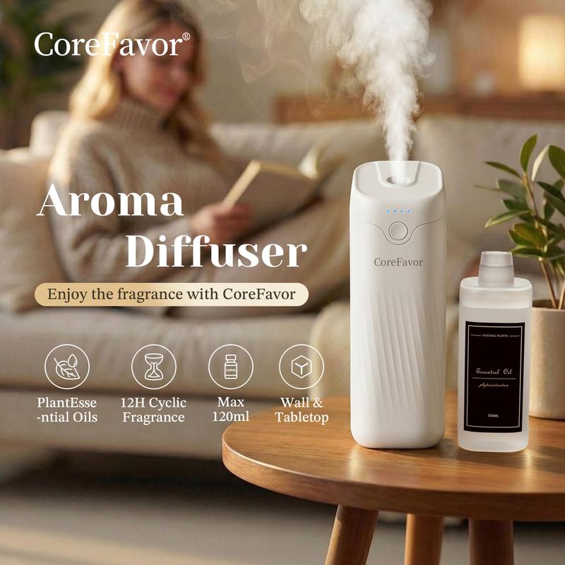 CoreFavor Waterless Essential Oil Diffuser（M60）with 120ml Oil, Portable Battery-Operated Cold Air Aroma Scent Machine, 4 Adjustable Intensity Levels, Quiet Diffuser for Bedroom, Office, Bathroom&Car