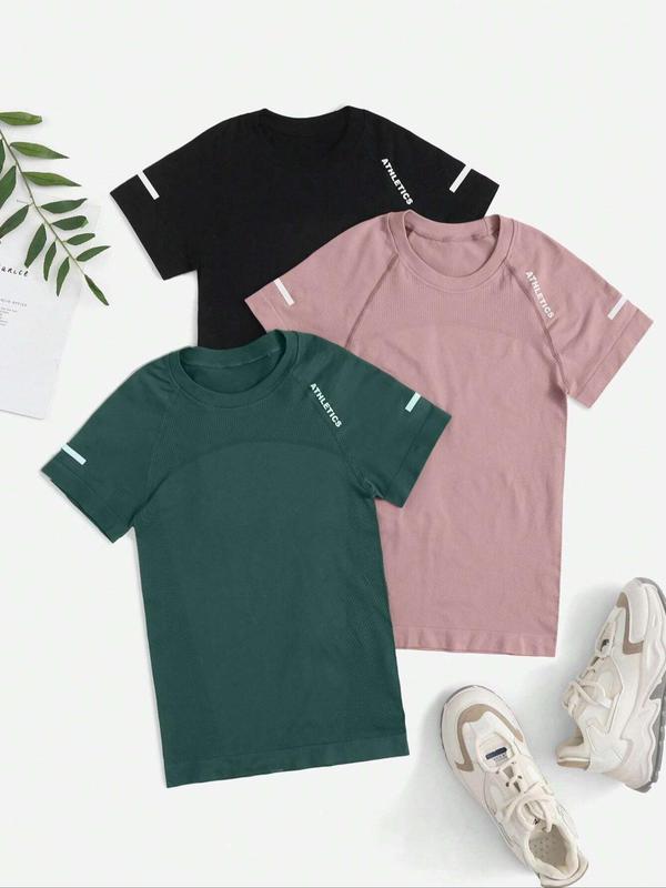 Women's Letter Print Raglan Sleeve Sports Tee, Round Neck Short Sleeve T-Shirt, Activewear T Shirt, Ladies Sportswear for Yoga Gym Workout