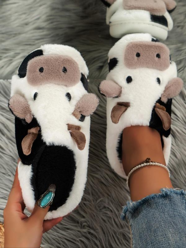 Women's New Fashion Trendy Cartoon Cow Head Indoor Outdoor Cotton Slippers, Winter Casual Warm Home Shoes, Anti-Slip Lightweight Unisex