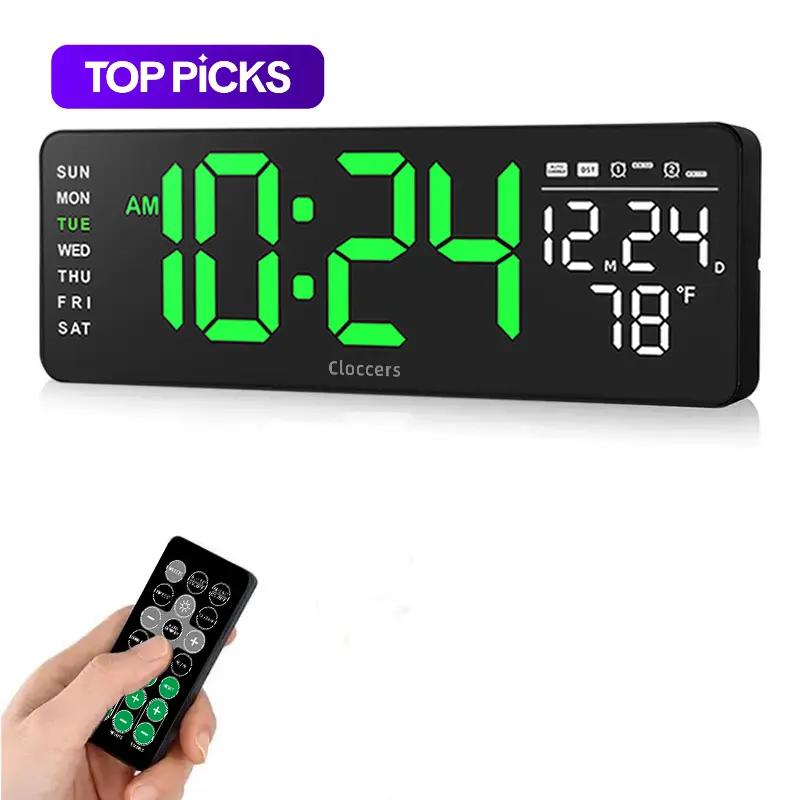 USB & Battery Charging Digital Wall Clock without Battery, Usb Powered Clock, Remote Control Large Screen with Indoor Temperature Date Week Display, Countdown Digital Timer, Digital Clock Decor