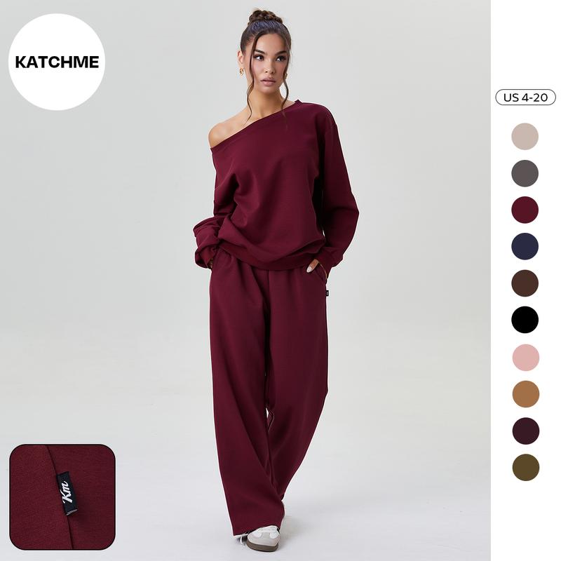 KatchMe Women's Leisure Solid Color Sloping Shoulder Long Sleeve Top & Wide Leg Trousers Co-ord Set & Separates, Scoop Neck Loose Outfits, Casual Womenswear(US)