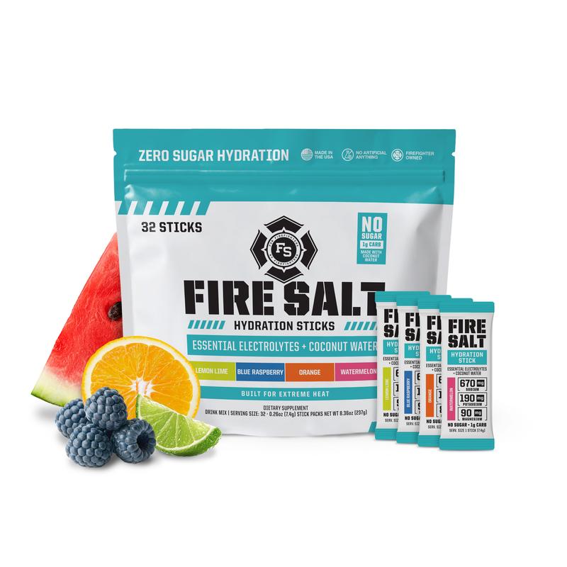 FIRE SALT Hydration Sticks - Essential Electrolytes & Coconut Water - Zero Sugar - 32 Pack - Sport Energy Drink Mix - Variety of Flavors - Natural Ingredients - 3x Electrolytes - Ideal for Intense Activities - Beverage, Nutrition Bundle