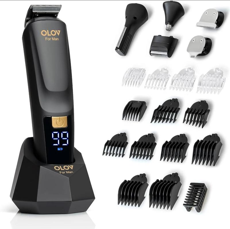 [FathersDayGift] OLOV Beard/Hair Shaver for Men - All-in-One Mens Grooming Kit with Trimmer for Beard, Nose, face, Cordless Hair Clippers Electric Razor, Black Comfort