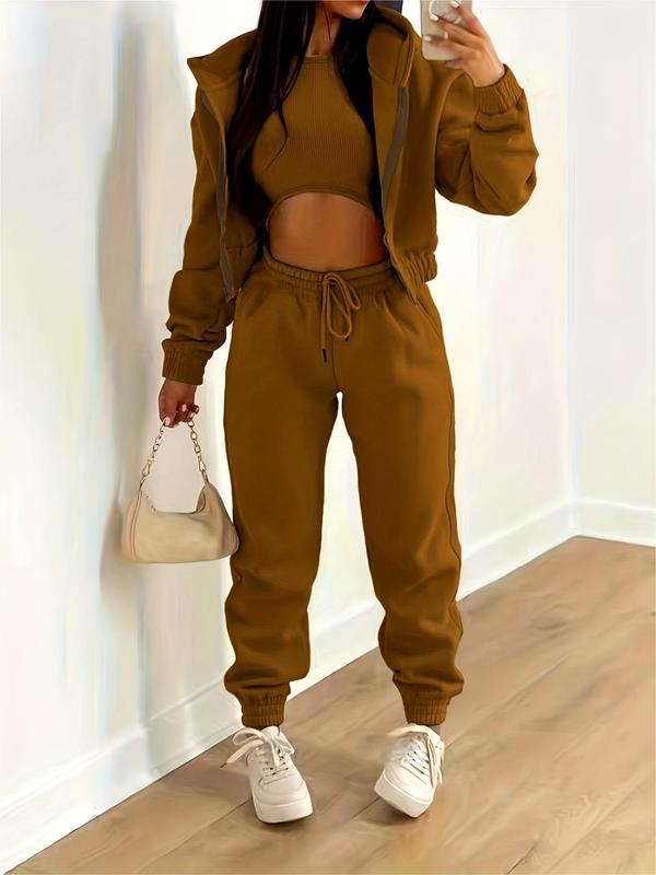 Women's Solid Pants Set, Casual Round Neck Crop Top & Drawstring Waist Pants Sweatpants & Zipper Hoodie, Outfit Sets for Women, Fall Outfits, Please Purchase A Size Up, Fall Outfits, Fallfreshness, Casual Ensembles