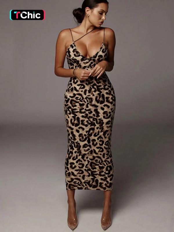 Women's All-Over Leopard Print Asymmetrical Cami Dress, Elegant Sleeveless Spaghetti Strap Bodycon Midi Dress for Party, Club, Night Out and Evening, Fashion Chic Backless Sundress Formal Party Wear