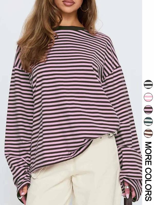 Women's Striped Long Sleeve Loose Top, Casual Stylish Tee, Casual Versatile Blouse, Stylish Ladies' Fashion Shirt, Womenswear, Perfect for Daily Wear & Layering, Fit
