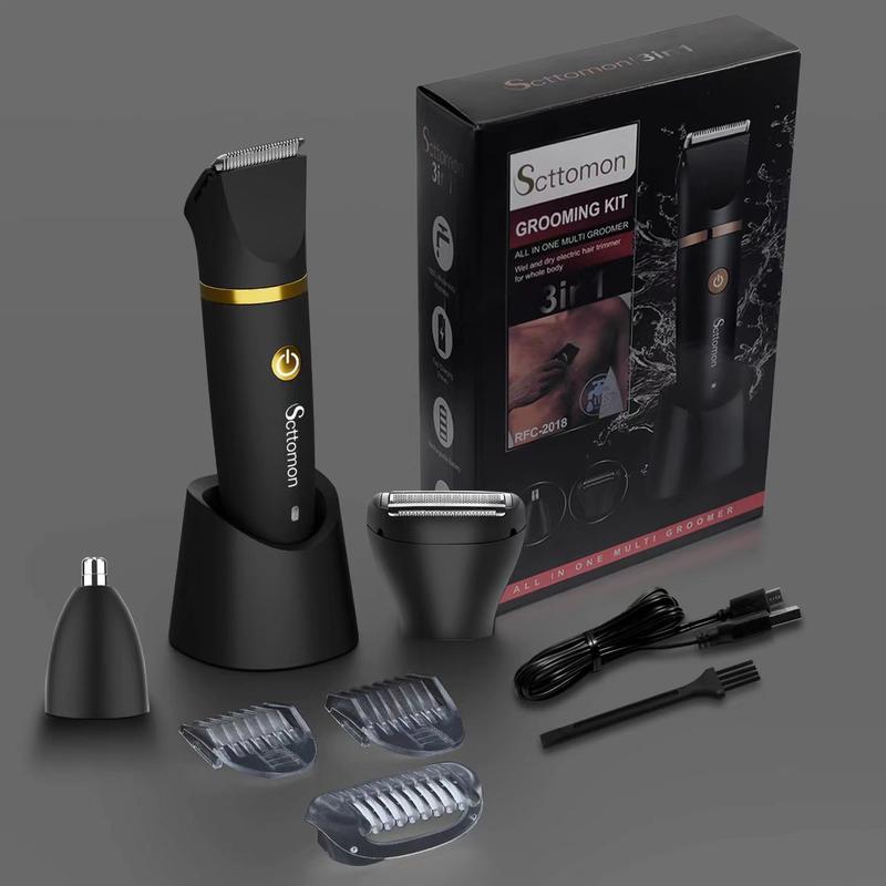 Scttomon 3 in 1 Electric Body Hair Trimmer,Groin Hair Trimmer for Men,Waterproof Electric Shaver Nose Hair Trimmer,Men's Hair Removal Device Cordless,Manscape Trimmer with Standing Recharge Dock