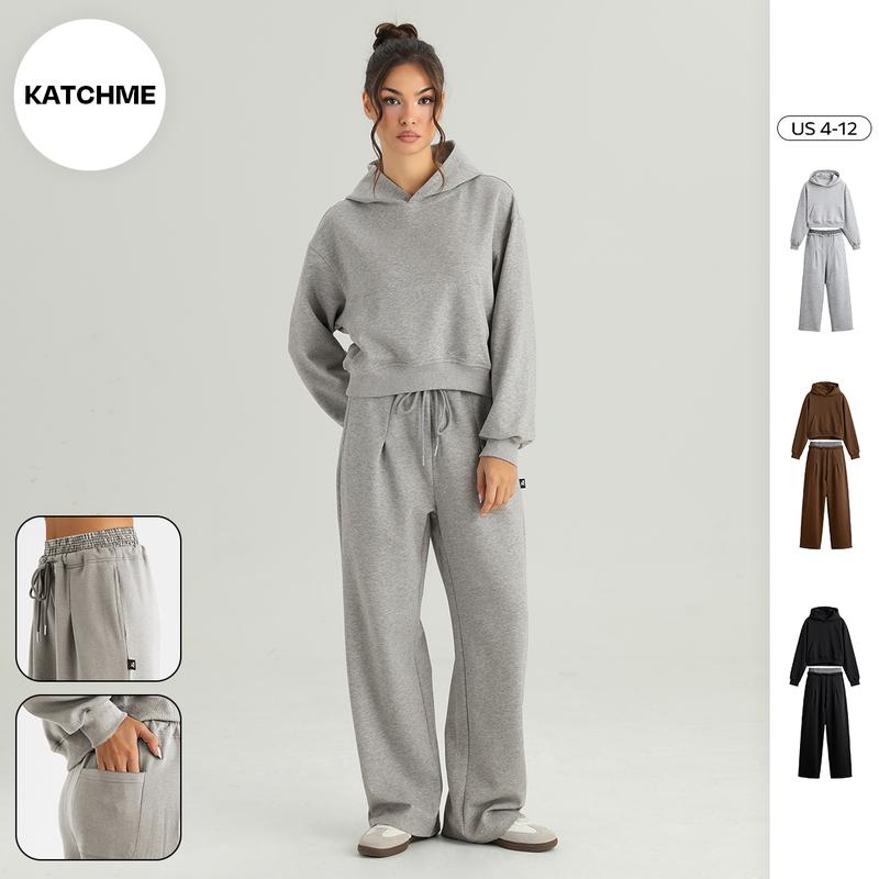 KatchMe Women's Chic Hooded Long Sleeve Cropped Hoodie & Contrast Waist Wide Leg Trousers Co-ord, Casual Solid Color Lightweight Two Piece Outfits (2)