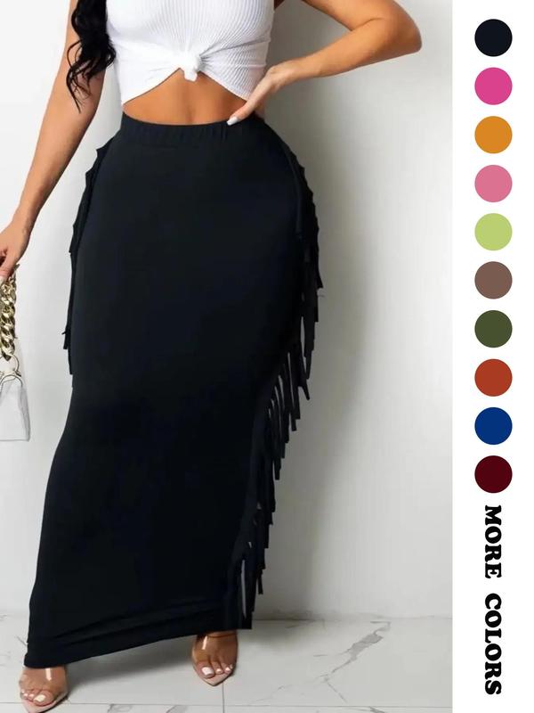 Women's Fringe Trim High Waist Fitted Knitted Fabric Pencil Maxi Skirt, Elegant Chic Solid Color Skirt for Party Evening Formal Occasions, Ladies Bottom, Womenswear