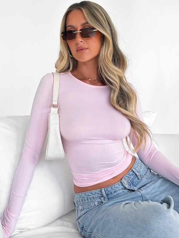 Women's New Trendy Round Neck Long Sleeve Crop Tee, Casual Crew Neck T-shirt, Summer Outfits 2024, Women's Slim-fitting Top for Band Club Music Festival Dating Daily Wear
