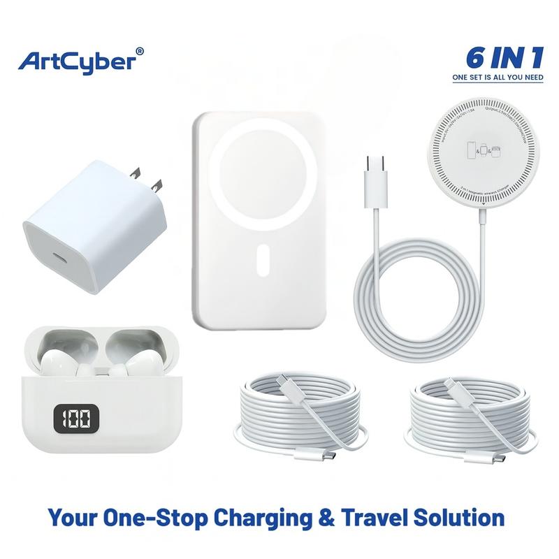6-in-1 Charging & Audio Accessory Kit – 5000mAh Magnetic Alignment Power Bank, Wireless Charging Pad, Bluetooth Earbuds, USB-C & USB-C to Lightning Cables, Adapter, Ring Sticker – For iPhone & Android