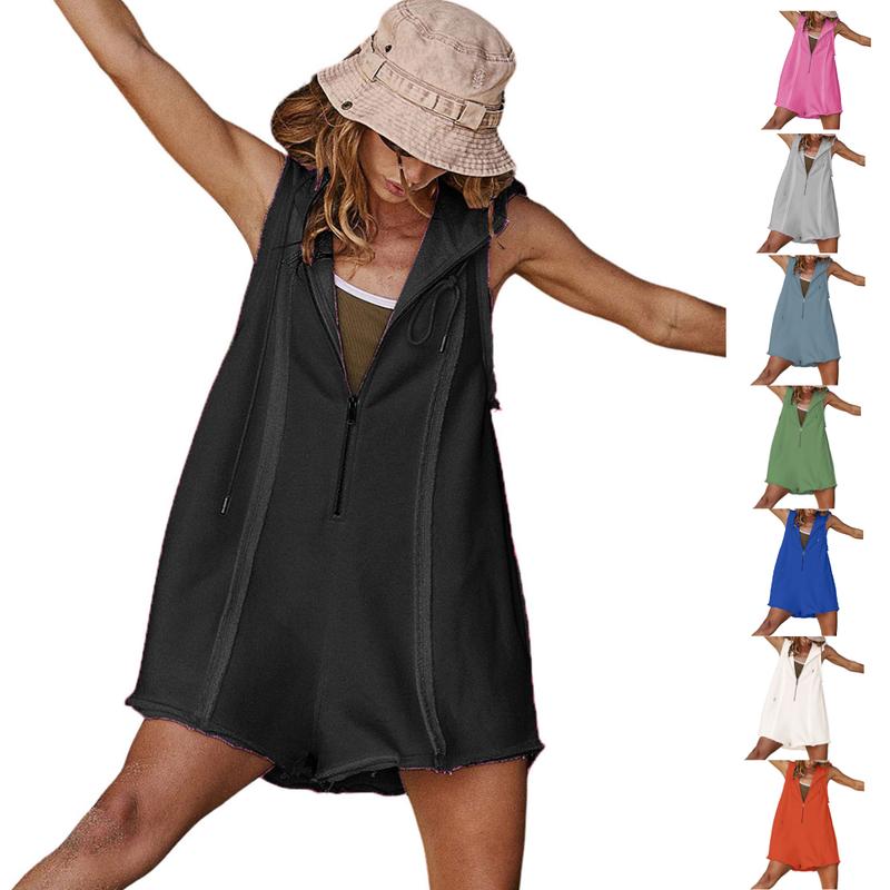Yeokou Women's Sleeveless Hooded Half-Zip V-Neck Loose Shorts Jumpsuit with Pockets, Athleisure Style Minimalist Basic Workout Jumpsuit for Summer Casual Fitness Outfits,summerwins