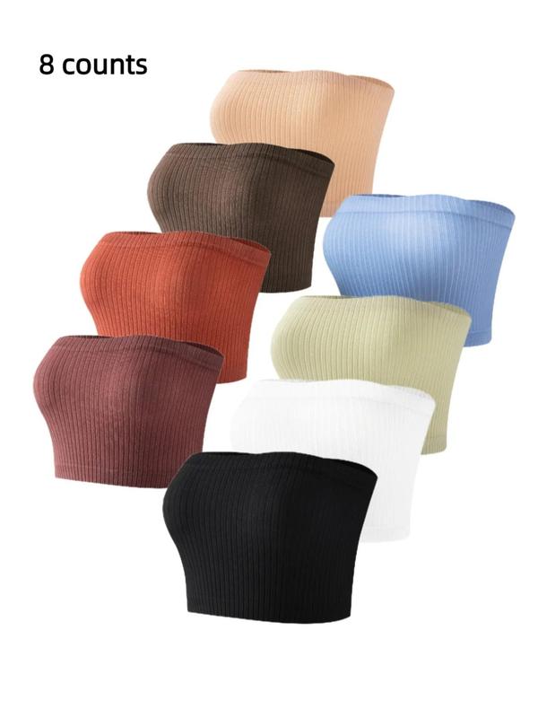 8pcs/10pcs Women's Seamless Tube Bra, Wireless Full Coverage, Comfortable Buckleless Design, Casual Minimalist All-Season Lingerie
