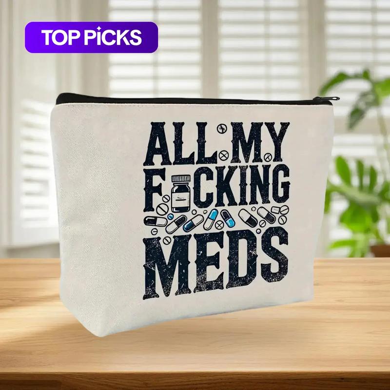 All My Meds Letter Pattern Canvas Makeup Bag, 1/6/16pcs Reusable Zipper Makeup Organizer, Travel and Makeup Pill Storage Bag, Travel Cosmetic Bags, Cosmetics Bag, Makeup Pouch, Perfect Gifts for Women #GLOBAL PICKS