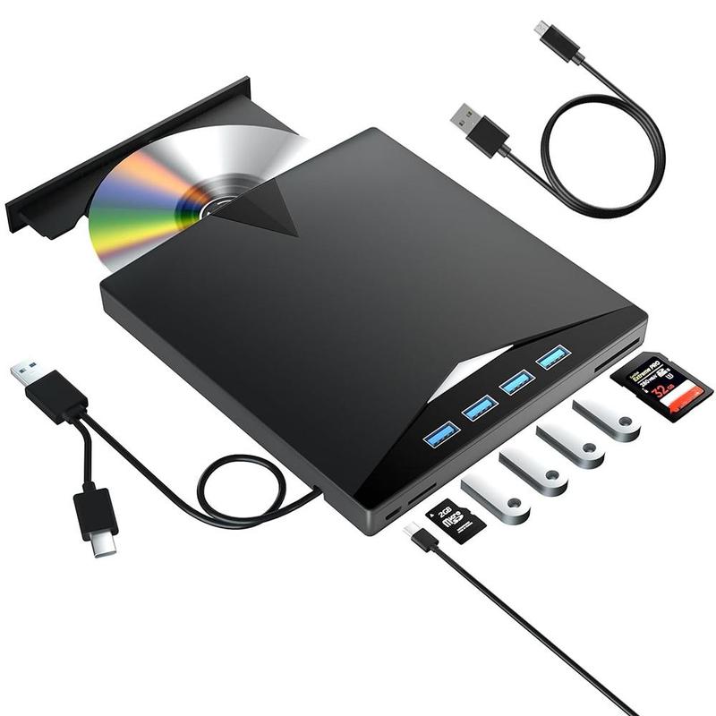 7-in-1 USB 3.0 & Type-C DVD Player, Portable CD/DVD Burner, External DVD Drive for Laptop and Desktop PC, Compatible with Windows 11/10/8/7 and Linux, Optical Drive, Data Transfer, USB Cable