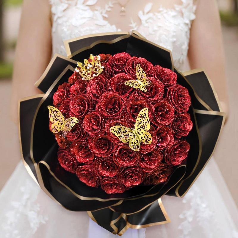24/36 Pcs DIY Graduation Glitter Roses Bouquet Set with 3D Butterflies Crowns & Ribbons for Girlfriend Wife Mom Friend Women Gift Perfect for Valentine's Day Birthday Engagement Wedding Anniversaries