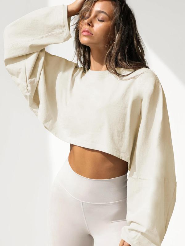 Women's Plain Batwing Sleeve Crop Sweatshirt, Street Casual Drop Shoulder Round Neck Pullover for Fall, Ladies Clothes for Daily Wear