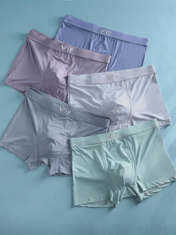 Men's Breathable Solid "VIP" Letter Boxer Briefs, Regular Fit Casual Underwear, Fashion Comfortable Underwear Set for Summer