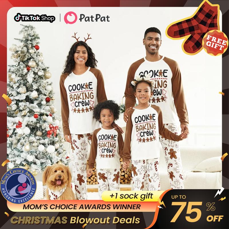 PatPat Christmas Pajamas Soft & Stretchy Family Matching  Long Sleeve Sets Cookie Baking Crew Patterned Sleepwear for Women Men Couples Adult Kids,Cute Pajama,Cozy Pajamas ,Flame Resistant,autumntok,wintertok,BFCM Early Bird