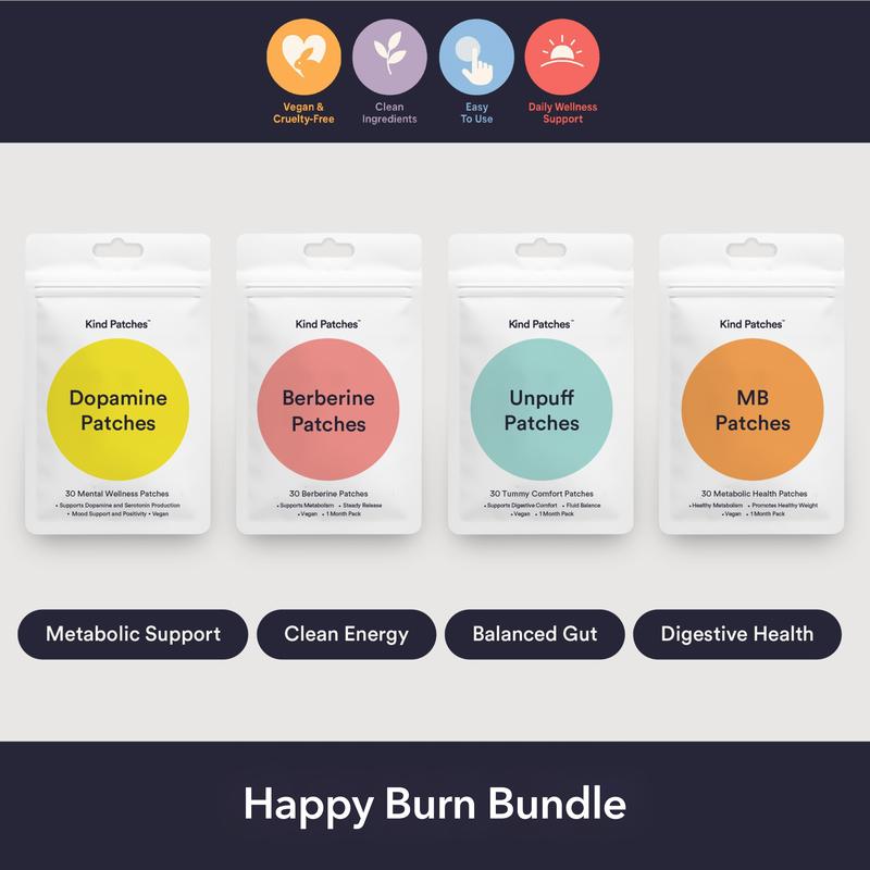 Kind Patches Happy Burn Bundle, Mood+ Patches + MB Patches + Berberine Patches + Unpuff Patches, Metabolic/Mood Support, Clean Energy, Balanced Gut, Digestive Health, Natural Ingredients, Vegan