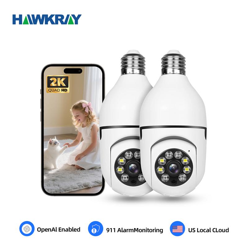 Hawkray 4MP Smart Light Bulb Camera  Monitoring Full Color Night Vision Easy Installation Motion Detection Two-Way Audio 5G/2.4G Dual-WiFi US Local Cloud Cord Safety Socket Dual Lens Surveillance