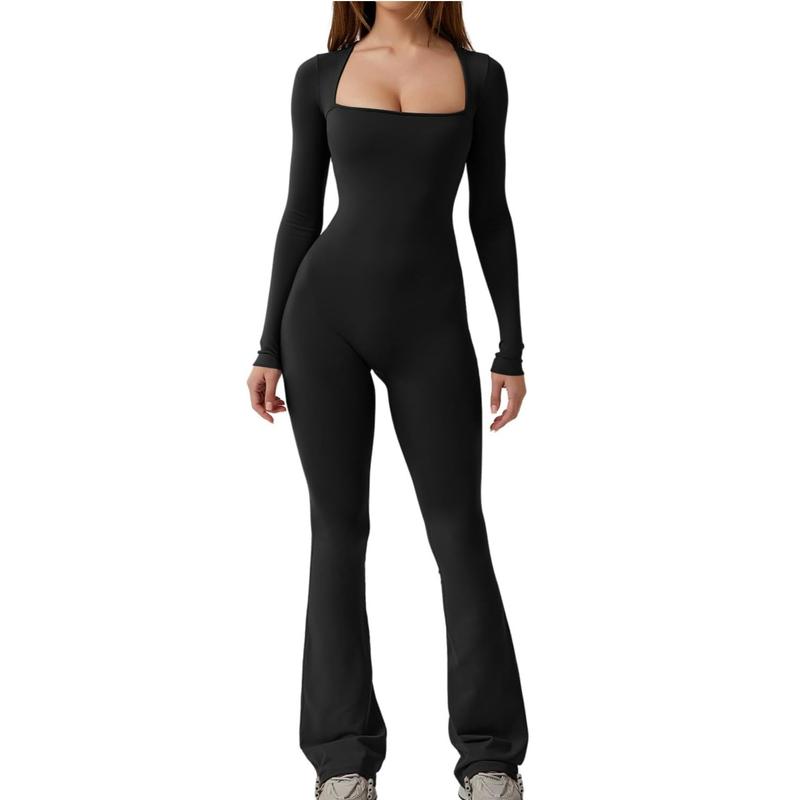QINSEN low neckline Jumpsuits for Women Square Neck Wide Leg Full Length Romper Playsuit