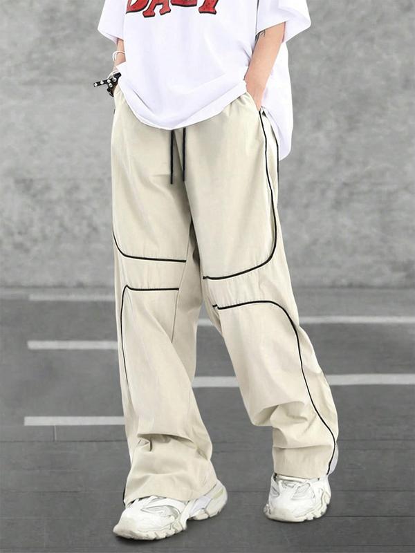 Men's Loose Letter Patched Contrast Binding Pocket Detail Drawstring Cargo Pants, Mens Pants, Casual Trousers for Spring Fall Winter, Fabric