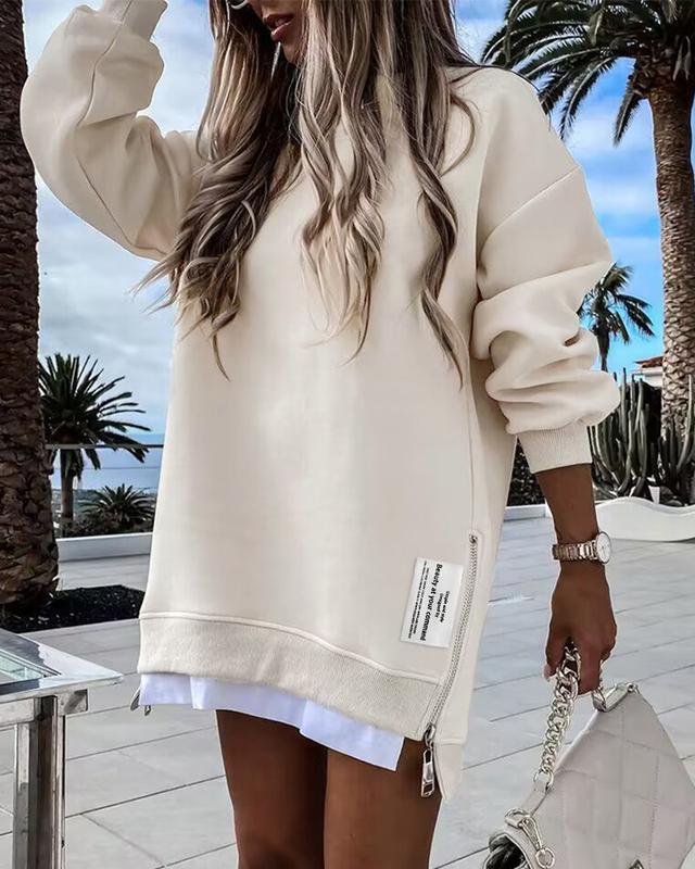 ChicMe 2026 Womens Long Sleeve Pullover Sweatshirt Zipper Slit Casual Dress Drop Shoulder Oversized Outfits