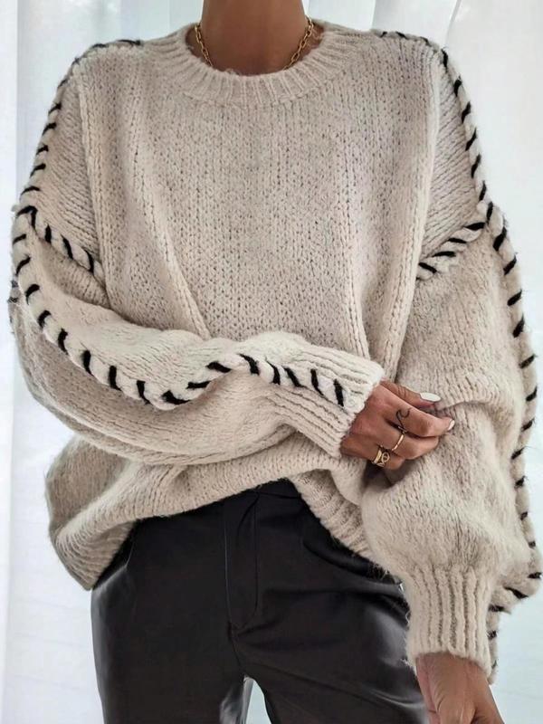 Women's Contrast Binding Drop Shoulder Stretchy Knitting Sweater, Casual Long Sleeve Round Neck Jumper for Fall & Winter, Fashion Ladies' Knitwear for Daily Wear, Womenswear, Tops