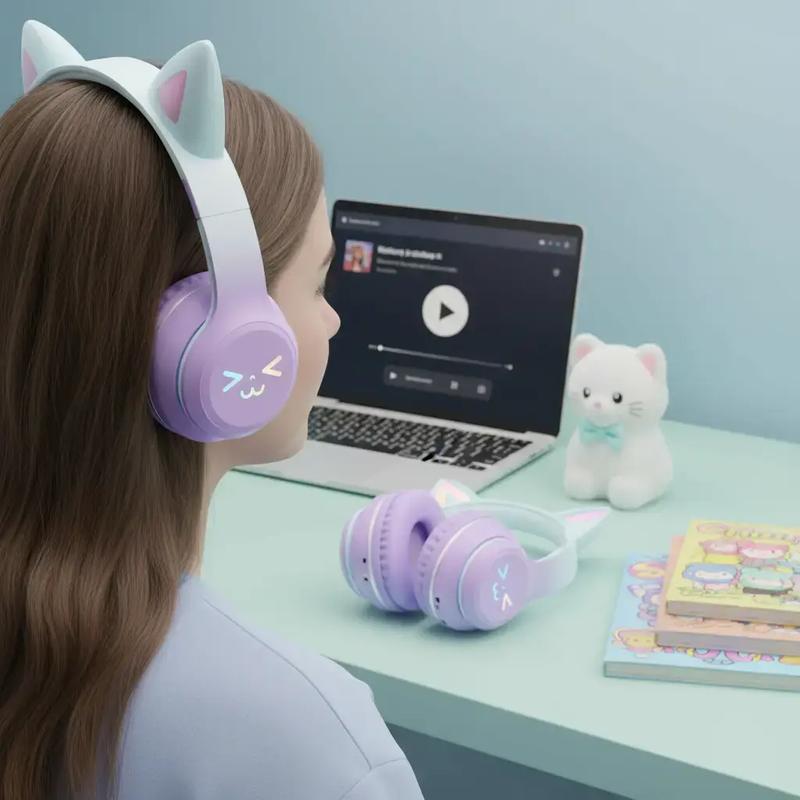 Wireless Cat Ear Headphones with Built-in Microphone, Wireless Noise Cancelling, Foldable Bluetooth-Compatible Volume Control Headset for Mobile Phone, Wireless Charging Headphones