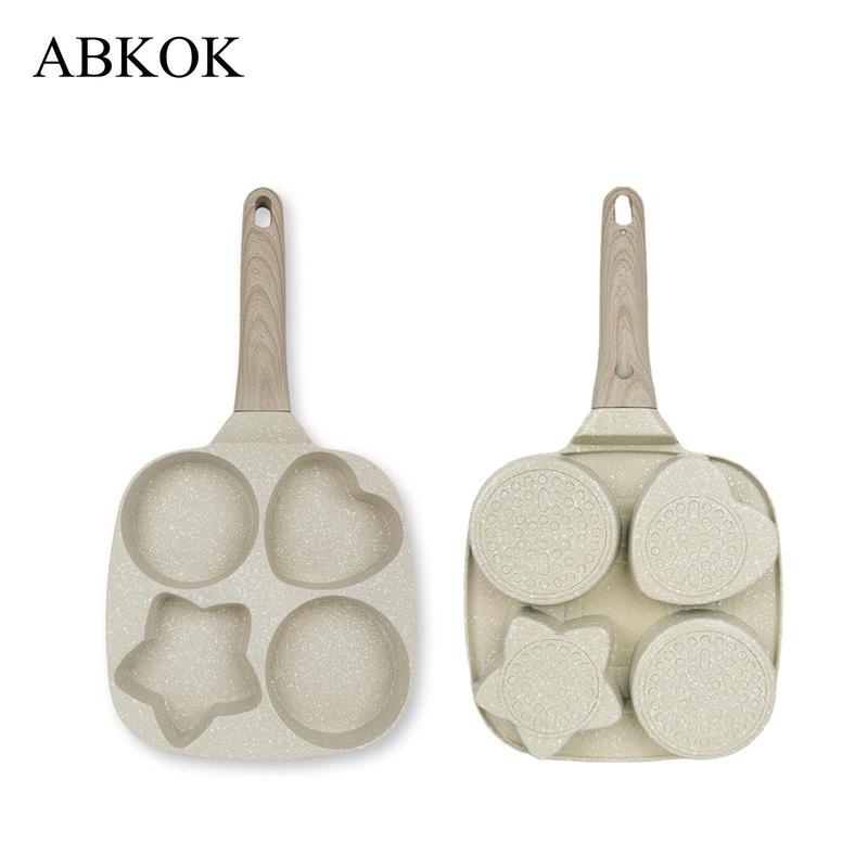 Abkok Four-Hole Non-Stick Egg Skillet Pan, Nonstick Egg Pan, Egg Frying Pan, Non Stick Cookware, Nonstick Skillets, 8–9-Inch Diameter, Ideal for Breakfast Eggs and Burgers, Durable Wooden Material Base with No-Handle Design
