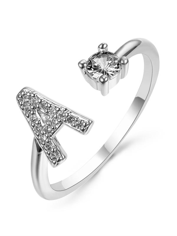 Summer 2026 Creative Letter Cuff Ring with Artificial Zircon Decor, Adjustable Open Ring, Fashion Jewelry for Women & Girls