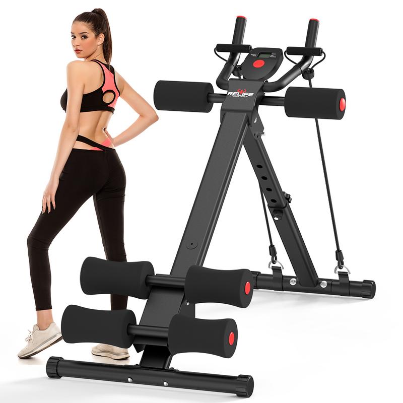 RELIFESPORTS Ab Machine with LCD Monitor, Foldable Core Workout Equipment, Adjustable Home Gym Trainer with Resistance Bands for Full Body Exercise