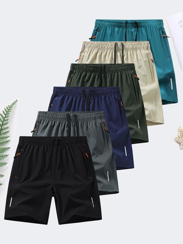 6-piece set, men's zipper pocket shorts, summer ice silk beach shorts, ice-sense quick-dry sports casual pants, basketball shorts thin, plus-size men's clothing reflective strip design,  Menswear，Plain Trouser，suitable for running and fitness. Beige