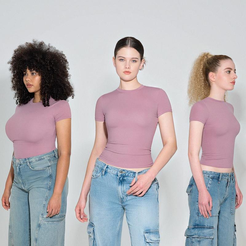 PUMIEY Snatched Fitted T-Shirt, Double Layer Crew Neck Tee, Buttery Soft Stretchy Basic, Minimal Everyday Essential